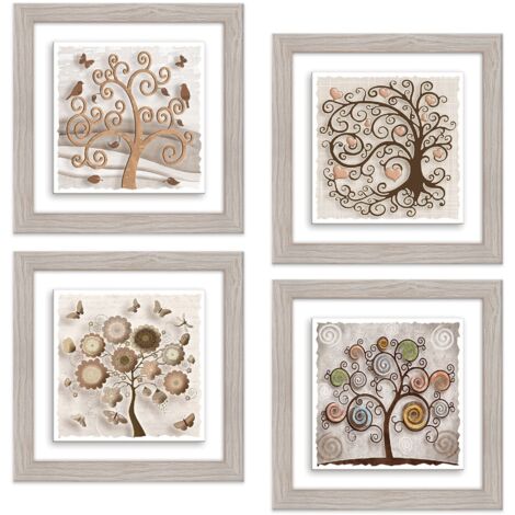 Lupia - Set 4 Quadri in Ceramica stampa in rilievo vivida, TREE Albero della Vita, Cornice Modern Legno Shabby Chic Beige, Decorazione Parete, Idea Regalo, 18x18cm o 29x29cm, Made in Italy 29x29 cm