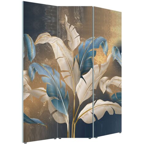 Lupia - Separe' per interni, Divisorio 135,6 x H 176 x P 3,1 cm LEAVES WHITE BLUE paravento 3 Ante in legno con Tele stampate fronte retro Soggetto unico (1/4)