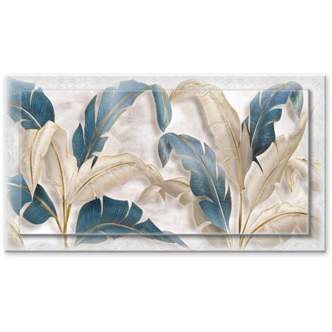 Lupia - Quadro moderno su Tela con Cornice stampata, NEWEXT 75x135 cm LEAVES WHITE BLUE BEIGE, stampa tela in cotone e cornice legno mdf, soggiorno, camera da letto, cucina, ufficio