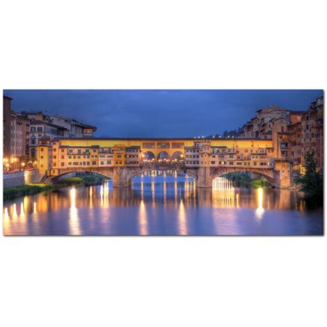 Lupia - Quadro moderno su Tela Canvas DEEP 65X143 cm, con paesaggi e localismi italiani, per casa, soggiorno, capezzale camera da letto, hotel, ufficio, FIRENZE - PONTE VECCHIO TWILIGHT (1/4)