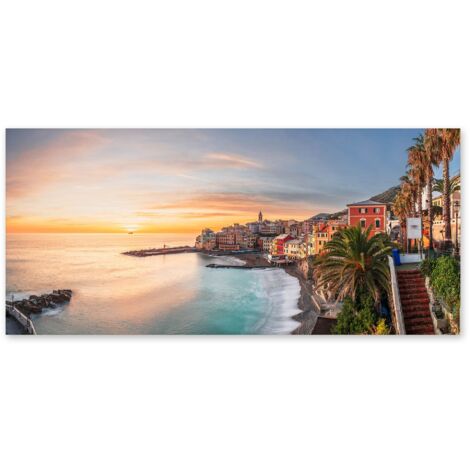 Lupia - Quadro moderno su Tela Canvas DEEP 65X143 cm, con paesaggi e localismi italiani, per casa, soggiorno, capezzale camera da letto, hotel, ufficio, GENOVA - BOGLIASCO SUNSET (1/4)
