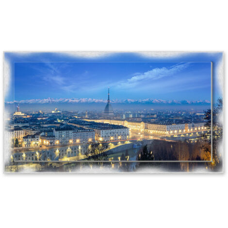 Lupia - Quadro moderno su Tela con Cornice stampata NEWEXT 75x135 cm, paesaggi localismi italiani, per casa soggiorno capezzale camera da letto hotel ufficio, TORINO PANORAMA SERA (1/4)