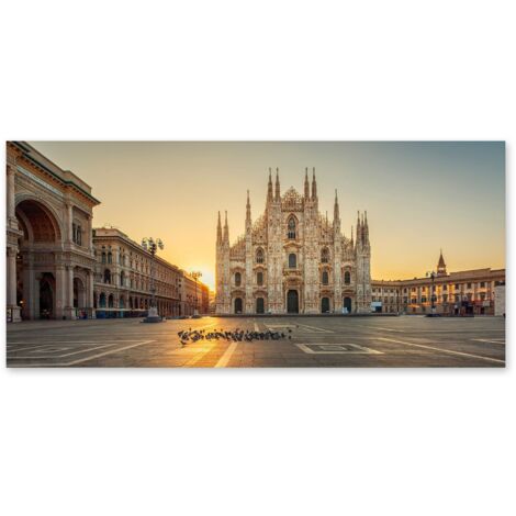Lupia - Quadro moderno su Tela Canvas DEEP 65X143 cm, con paesaggi e localismi italiani, per casa, soggiorno, capezzale camera da letto, hotel, ufficio, MILANO - PIAZZA DEL DUOMO ALBA (1/4)