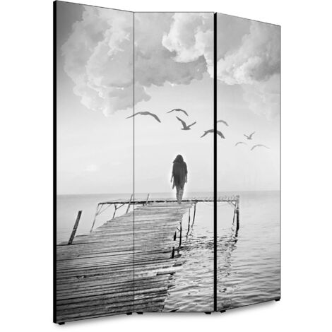 Lupia - Separe' per interni, Divisorio 135,6 x H 176 x P 3,1 cm DONNA SUL PONTILE paravento 3 Ante in legno con Tele stampate fronte retro Soggetto unico (1/4)