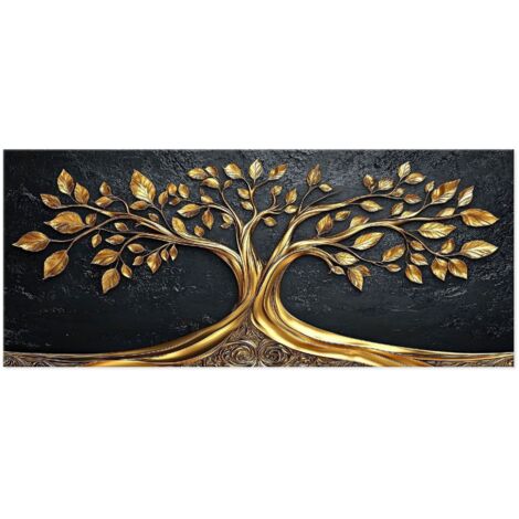 Lupia - Quadro moderno Canvas World TREE GOLD BLACK 52x122 cm, Stampa su Tela effetto Pennellate tridimensionale, Albero della Vita, Telaio in Legno, soggiorno capezzale camera da letto ufficio (1/4)