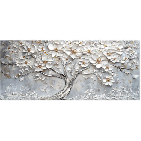 Lupia - Quadro moderno Canvas World TREE FLOWERS WHITE 52x122 cm, Stampa su Tela effetto Pennellate tridimensionale, Albero della Vita, Telaio in Legno, soggiorno capezzale camera da letto ufficio