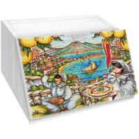 Lupia - Portapane White NAPOLI PULCINELLA 40x20x30cm, Conserva Freschezza Pane, Versatile per Cibo Secco, Design Unico, Apertura frontale con Aerazione, Chiaro, Legno
