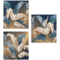 Lupia - Set 3 Quadri su Tela CANVAS DAY LEAVES WHITE BLUE 38x38 cm foglie oro e blu, Stampa Vivida, Pronto da Appendere, Decorazione per Soggiorno, Capezzale Testiera Camera da Letto, Cucina, Ufficio