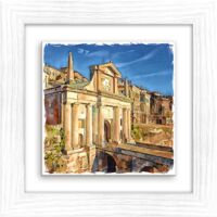 Lupia - Quadro moderno con paesaggi e localismi italiani, Ceramica e Stampa Rilievo, Cornice Legno Shabby Modern bianca, Decorazione Parete, Quadretti Soggiorno, 29x29 cm, BERGAMO PORTA SAN GIACOMO
