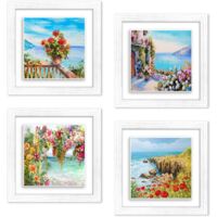 Lupia - Set 4 Quadri moderni stampa su CERAMICA cornice Shabby MODERN White TROMPE Panorami floreale 29x29 cm