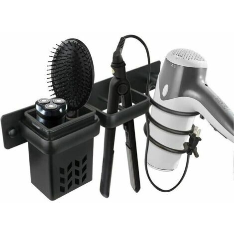 Aufbewahrungsset für Haartrockner und Glätteisen im Badezimmer, professionelles Wandhalterungs-Zubehör aus Aluminium, Ablage mit Löchern für silber-schwarze Haarglätter. (1/5)