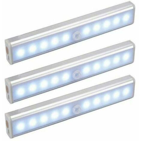 Set di 3 luci LED da 10 LED, senza fili, ricaricabili tramite USB, magnetiche, con sensore di movimento, portatili. Luce per armadio, lampada di emergenza portatile, luce notturna per bambini, luce au