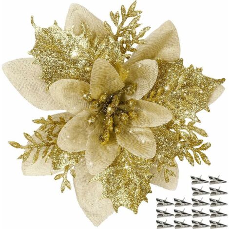 16 pezzi di decorazioni natalizie con stelle di Natale finte glitterate, decorazioni floreali per alberi di Natale con mollette, ghirlande natalizie fai da te per feste a casa. (1/4)