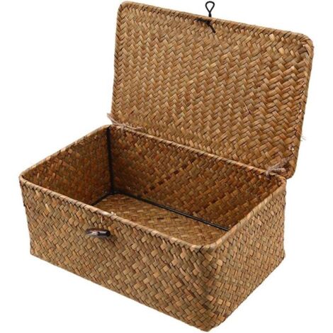 Scatola portaoggetti in rattan intrecciato con coperchio - Cestini per la biancheria in erba marina - Organizzatore per trucchi - Per bagno, soggiorno, cucina, marrone, taglia piccola