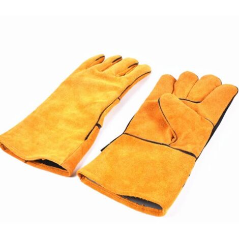 Un paio di guanti da saldatura resistenti al calore e all'usura, foderati in pelle gialla, guanti da giardinaggio per forno a legna e griglia, per uomo. (1/4)