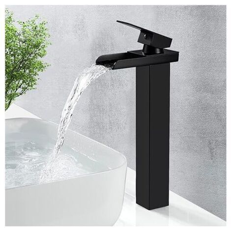 Rubinetto per bagno nero, miscelatore alto, miscelatore per lavabo da appoggio, bocca alta, rubinetto per lavabo moderno nero opaco da 265 mm, rubinetti, acqua calda e fredda (1/4)