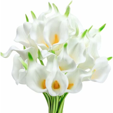 20 Calle artificiali in lattice, realistiche, per bouquet da sposa e decorazioni per la casa, l'hotel e il giardino. Tessuto, bianco con centro giallo. Confezione da 20.
