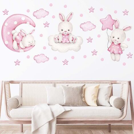 Coniglio con palloncini rosa, adesivo murale personalizzato ad acquerello, adesivi di animali con nomi, adesivi decorativi per camerette, camerette per neonati