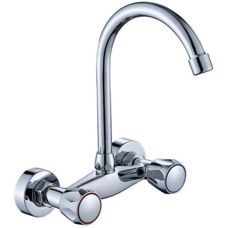 Rubinetto a parete per cucina, lavatrice e lavabo con due maniglie e aeratore a risparmio idrico. Cromato.
