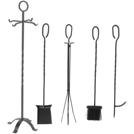 Set di 5 attrezzi per camino, accessori per camino in metallo, con scopa, pala, pinze, attizzatoio e supporto, nero (1/4)