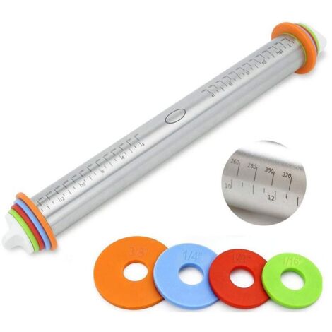 Mattarello regolabile in acciaio inox per bambini, ideale per preparare impasti, biscotti, pizza, torte e pasta, con 4 anelli di spessore regolabili e rimovibili. (1/4)