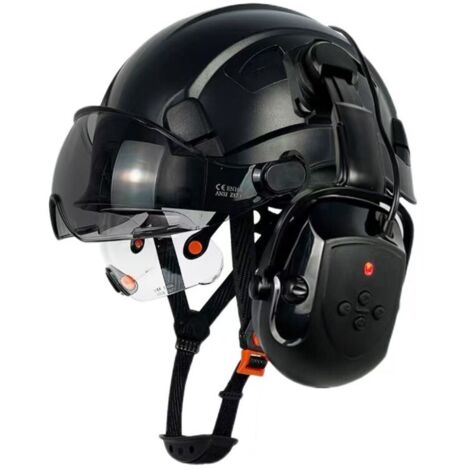 Casco di sicurezza con visiera Bluetooth, cuffie antirumore SNR 26 dB, casco di sicurezza con visiera, cuffie antirumore montate, caschi di sicurezza ANSI ventilati (calotta nera CR08 + occhiali di si