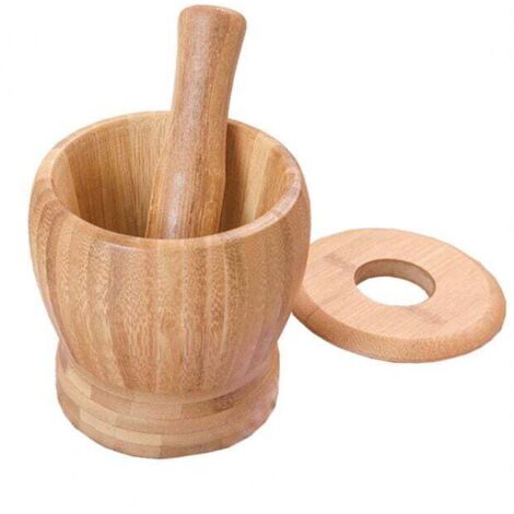 Set di mortaio e pestello in bambù, macina spezie con coperchio (1/4)