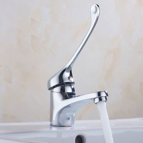 Rubinetto per bagno con maniglia medica, rubinetto per lavabo altezza 45 mm, rubinetto per acqua calda e fredda (con tubo di alimentazione) (1/4)