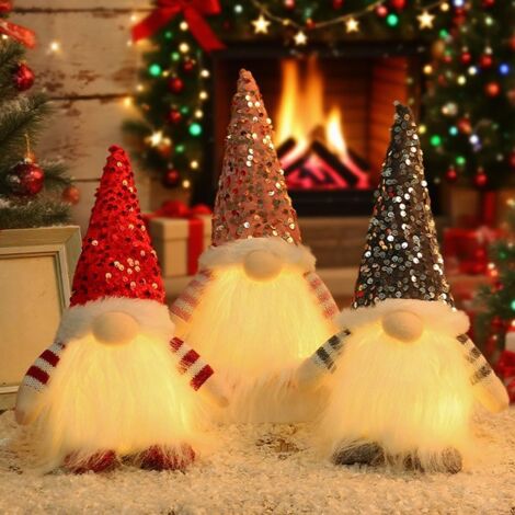 3 Gnomi Di Natale Con LED - Decorazioni Luminose Con Cappello In Maglia E Barba Morbida - Batteria Inclusa