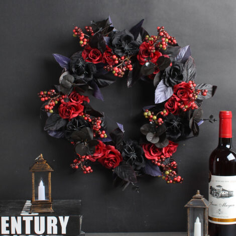 Ghirlanda di rose rosse e nere per Halloween, decorazioni per porte, rami secchi festivi, cerchi di rattan, accessori decorativi