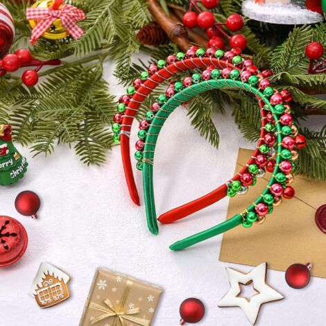 Set Di 2 Cerchietti Natalizi Donna Con Nodo E Strass - Rosso E Verde - Accessori Per Capelli Festivi Invernali