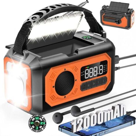 Radio solare AM/FM da 12000 mAh con manovella, 2 pannelli solari, cavo USB, 3 metodi di ricarica, allarme SOS, torcia elettrica, caricabatteria per telefono, bussola, jack per cuffie. XXW (1/4)