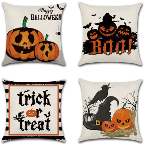Set di 4 federe di Halloween con divertente testa di zucca, design di casa anime con tema "dolcetto o problema" (45x45 cm) (1/4)