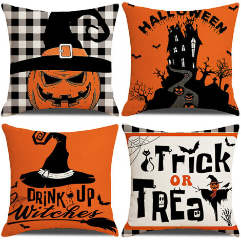 Set di 4 federe di Halloween, lino con stampa di zucca a scacchi bianchi e neri, copricuscino per divano, cuscino per divano (45x45 cm) (1/4)