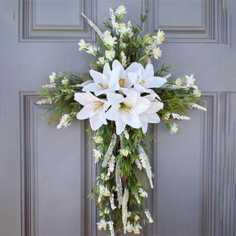 Ghirlanda pasquale a forma di croce per porta d'ingresso, ghirlanda primaverile con gigli, ghirlanda pasquale simulata, ghirlanda di gigli, decorazione da appendere