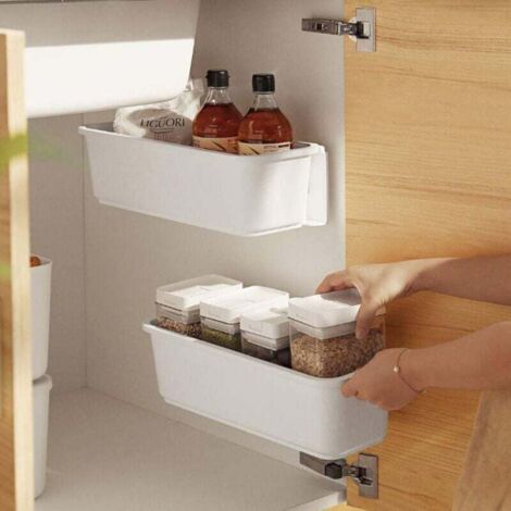 Cestini portaoggetti per armadietti da cucina, cassetti portaoggetti scorrevoli in plastica, organizer per armadietti sottolavello, cassetto scorrevole sottopiano per cucina e bagno (bianco) (1/4)