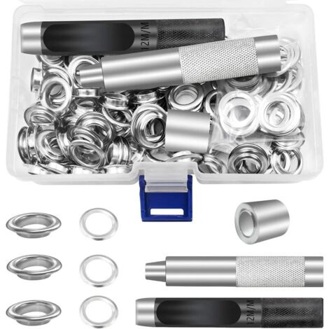 Kit occhielli in metallo da 12 mm, set di occhielli da 100 pezzi per tela, telone, riparazione tende, argento (1/2 pollice) (1/4)