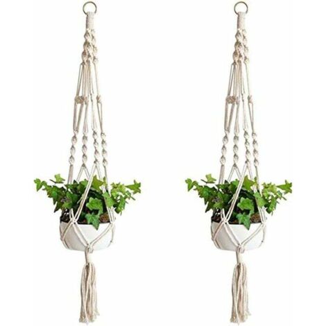 Appendino per piante in macramè da 2 pezzi, cesto di fiori in corda di cotone macramè, fioriera sospesa a ramoscelli per arredamento casa, giardinaggio in ufficio, 4 gambe - Fei