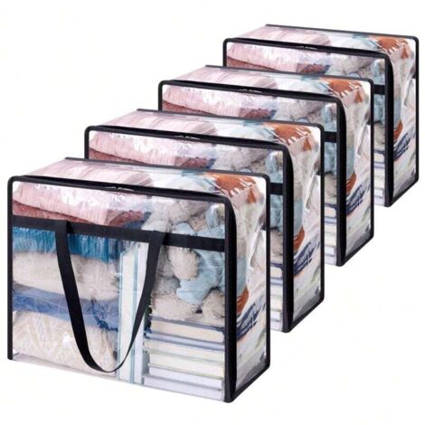 Sacchetti trasparenti per riporre gli abiti, set da 3, 40L, sacchetti in PVC per riporre vestiti, copripiumini pieghevoli con manici, scatole portaoggetti per traslochi, vestiti, coperte, giocattoli (1/4)