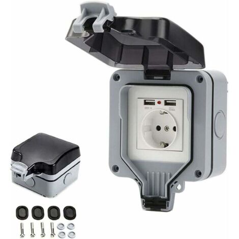 Presa impermeabile IP66 con porte USB, presa elettrica per esterni con coperchio, scatola per prese a muro per giardino, garage, piscina (1/4)