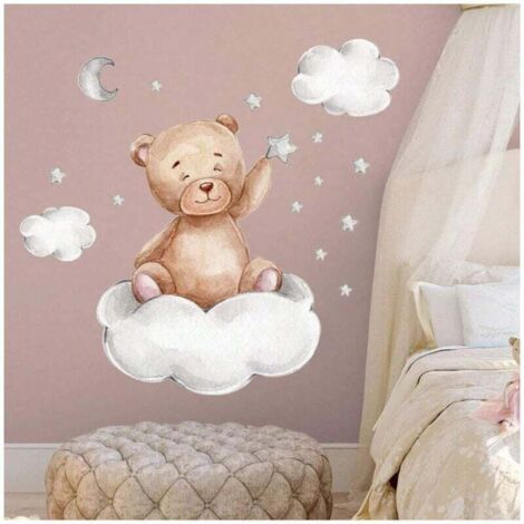 Adesivi murali con orsi dei cartoni animati, decorazioni per la cameretta dei bambini, carta da parati con luna e stelle per la cameretta dei bambini, graziosa decorazione per la cameretta, 1 pezzo