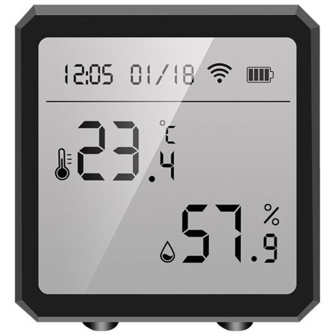 Monitor de temperatura y humedad Tuya con sensor inteligente, higrómetro interior con pantalla LCD y alarma de notificación (negro) (1/4)