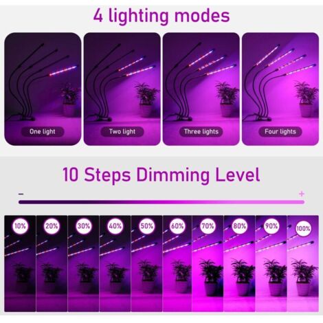 Lámpara LED De Crecimiento Para Plantas Con 4 Cabezales - Espectro Completo, Temporizador Y 10 Niveles De Brillo
