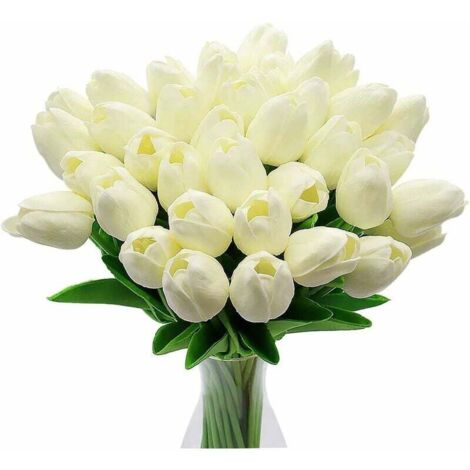 - 10 tulipanes artificiales de látex con hojas, tacto real, decoración elegante para banquetes de boda y cocina (blanco)