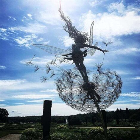 Escultura de Hada de las Flores Bailarina con Diente de León, Estatua de Acero Inoxidable, Decoración Navideña y de Halloween para Exteriores, Patio, Césped, Patio, Adornos Metálicos (Manos Abiertas)