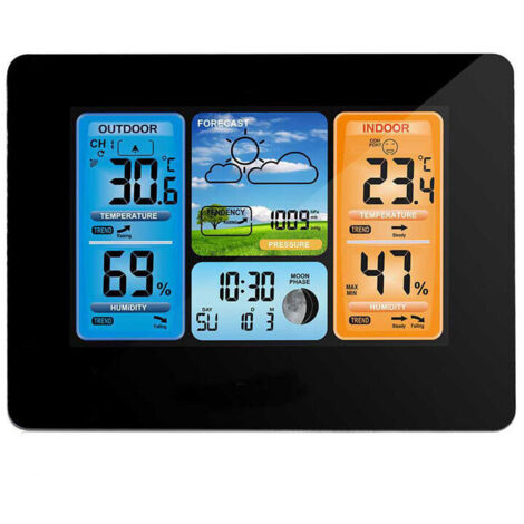 Estación meteorológica inalámbrica Jalleria, estación meteorológica digital a color con alarma, temperatura, humedad, barómetro, alarma, reloj lunar y sensor meteorológico exterior (negro) (1/4)