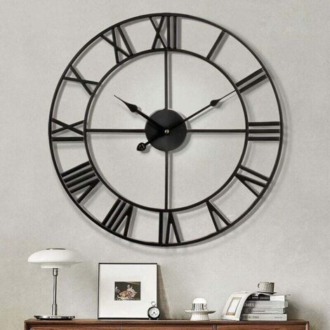- Reloj de pared grande con números romanos modernos, silencioso, redondo, de metal, sin tictac, para sala de estar, cocina, dormitorio, vintage, para jardín, decoración, color negro, 40 cm (1/4)