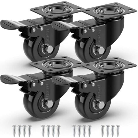Ruedas giratorias para muebles con freno + tornillos – 50 mm, hasta 200 kg – Rueda antihuellas para cargas pesadas – Rueda de goma para carro – Negro