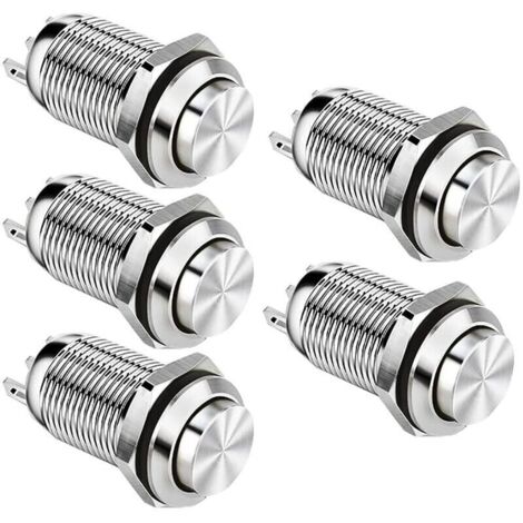 Interruptor pulsador momentáneo impermeable de 12 mm, de metal, SPST, NO, 2 A, 12 V/24 V/125 V/250 V, 5 unidades (cabezal alto) –