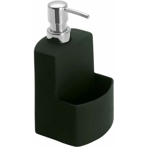 Dispensador de jabón líquido lavavajillas, cerámica de alta calidad, superficie suave, con compartimento para esponja, capacidad 380 ml, 10 x 18 x 10 cm, negro (1/4)